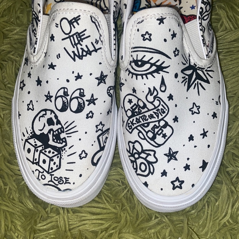 Vans White Slip-On Sneakers with Black Doodle Print - Picture 3 of 9